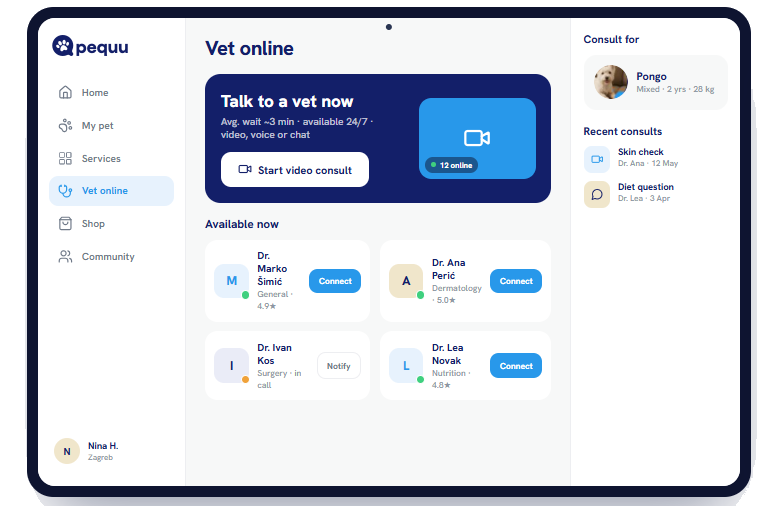 PEQuu veterinary consultation on tablet